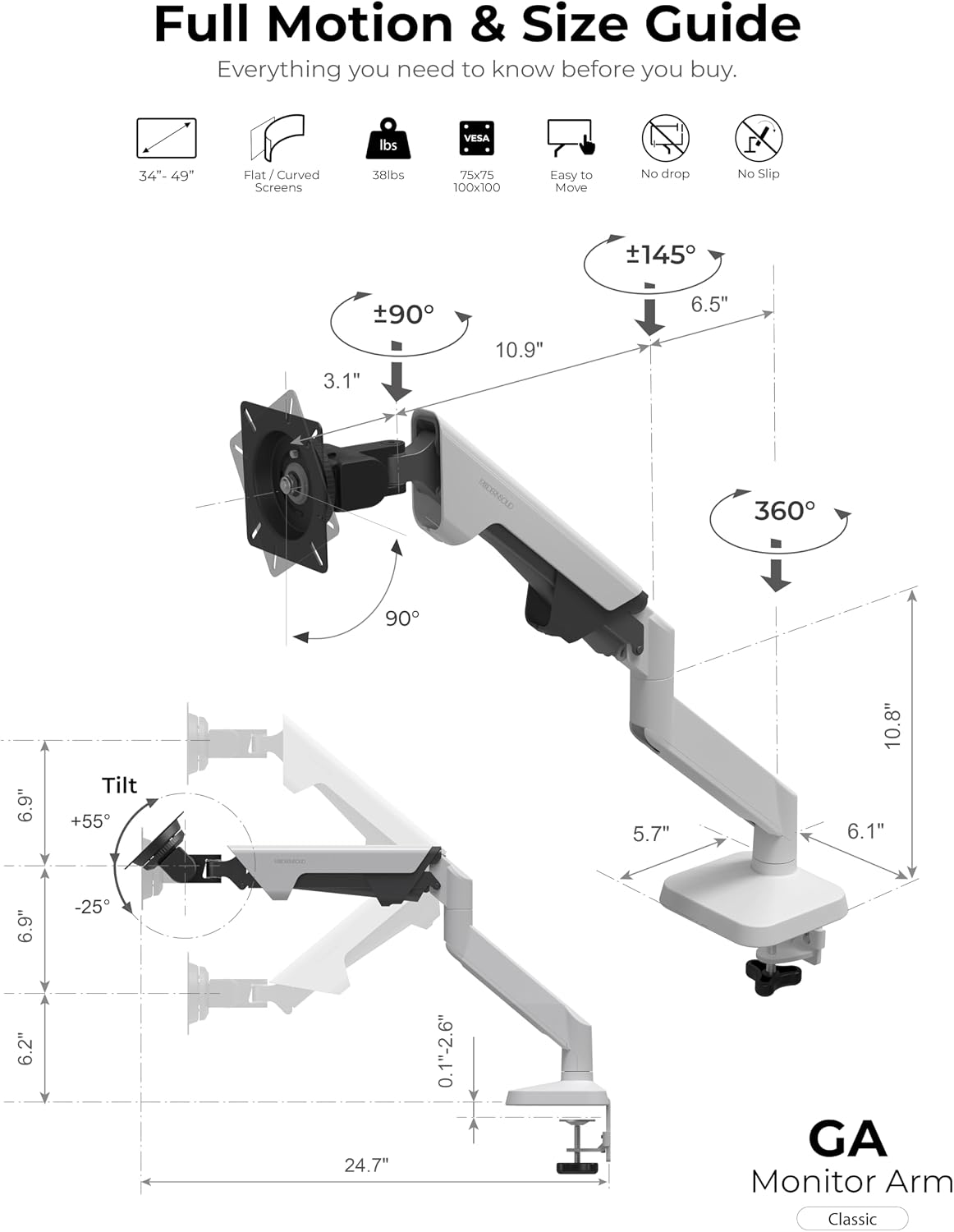 Modernsolid Heavy Duty Monitor Arm Desk Mount for 34-49 Inch Ultrawide Curved Monitors, Supports 14-38 lbs, Gas Spring Ergonomic Full Motion with Cable Management, Red Dot Design Awarded, White