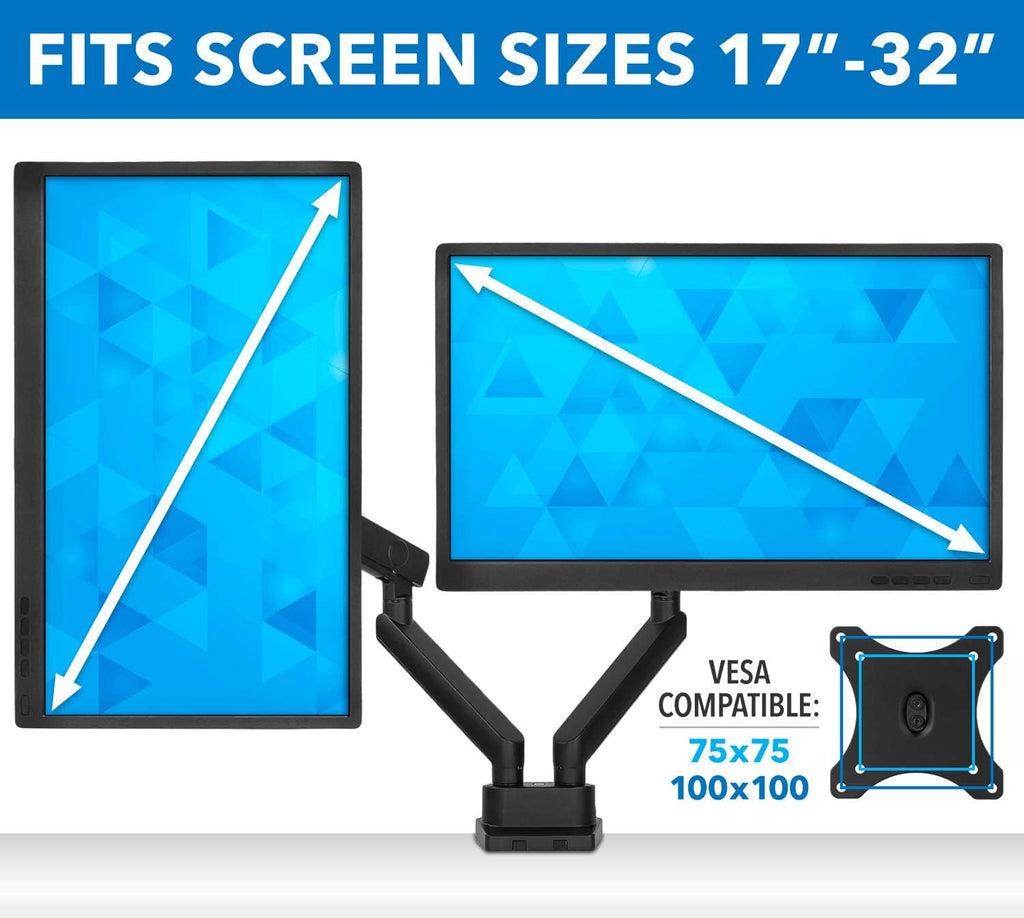 Mount-It! Dual Monitor Arm Mount Desk Stand | Premium Quality | Articulating Mechanical Spring Height Adjustable | Fits Two 24 27 29 30 32 Inch VESA 75 100 Compatible Screens | C-Clamp and Grommet