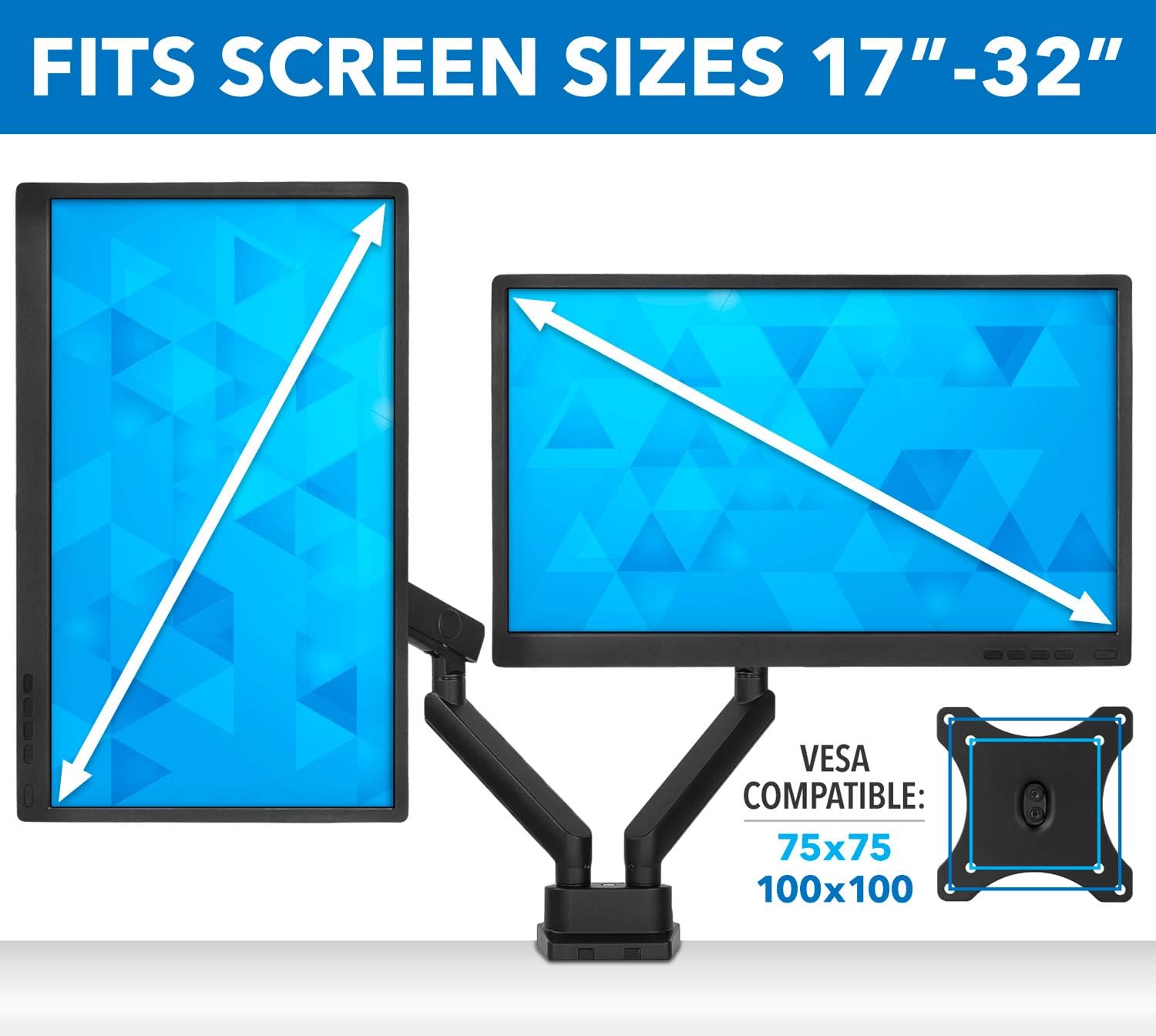 Mount-It! Dual Monitor Arm Mount Desk Stand | Premium Quality | Articulating Mechanical Spring Height Adjustable | Fits Two 24 27 29 30 32 Inch VESA 75 100 Compatible Screens | C-Clamp and Grommet
