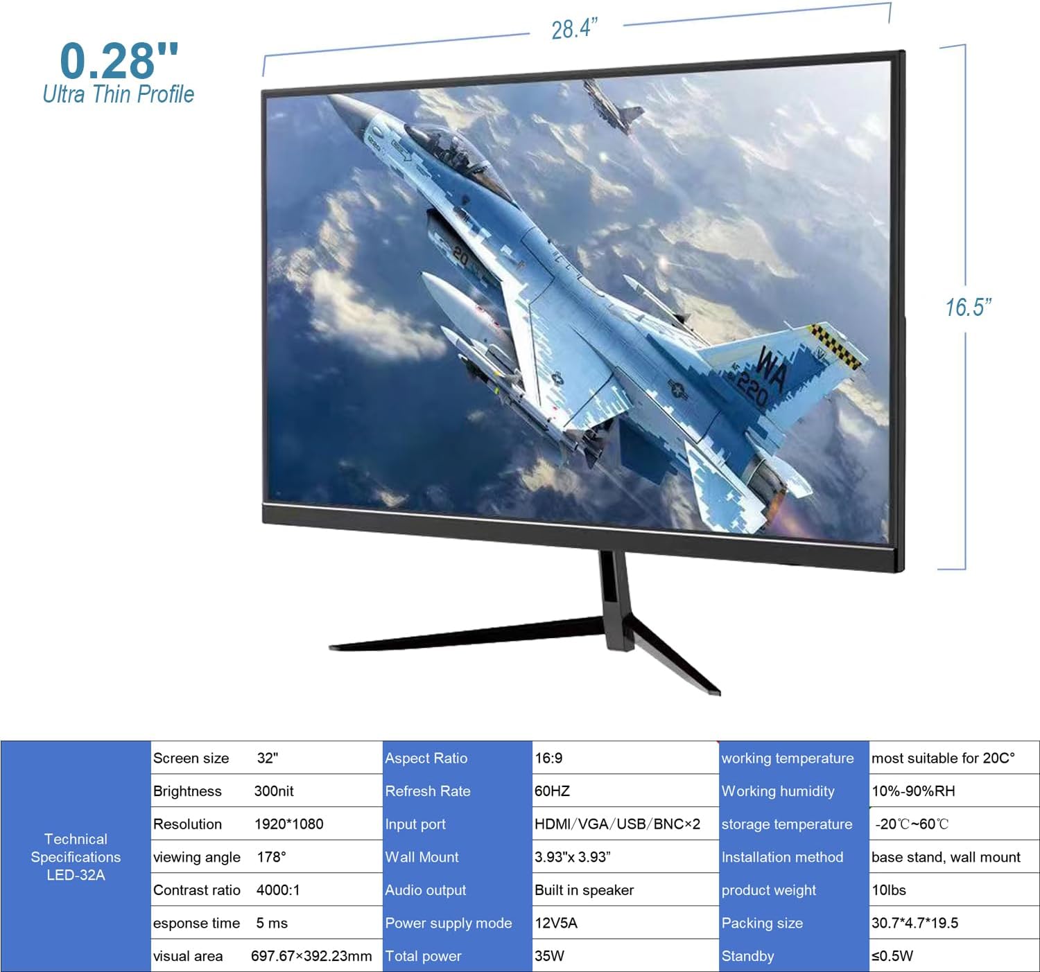 Real HD 32 Inch FHD 1080P CCTV Security Monitor, Thin LED Screen Computer Monitor, 60Hz Refresh Rate with HDMI VGA BNC and Audio, Compatible with 4K, for Surveillance NVR/DVR System