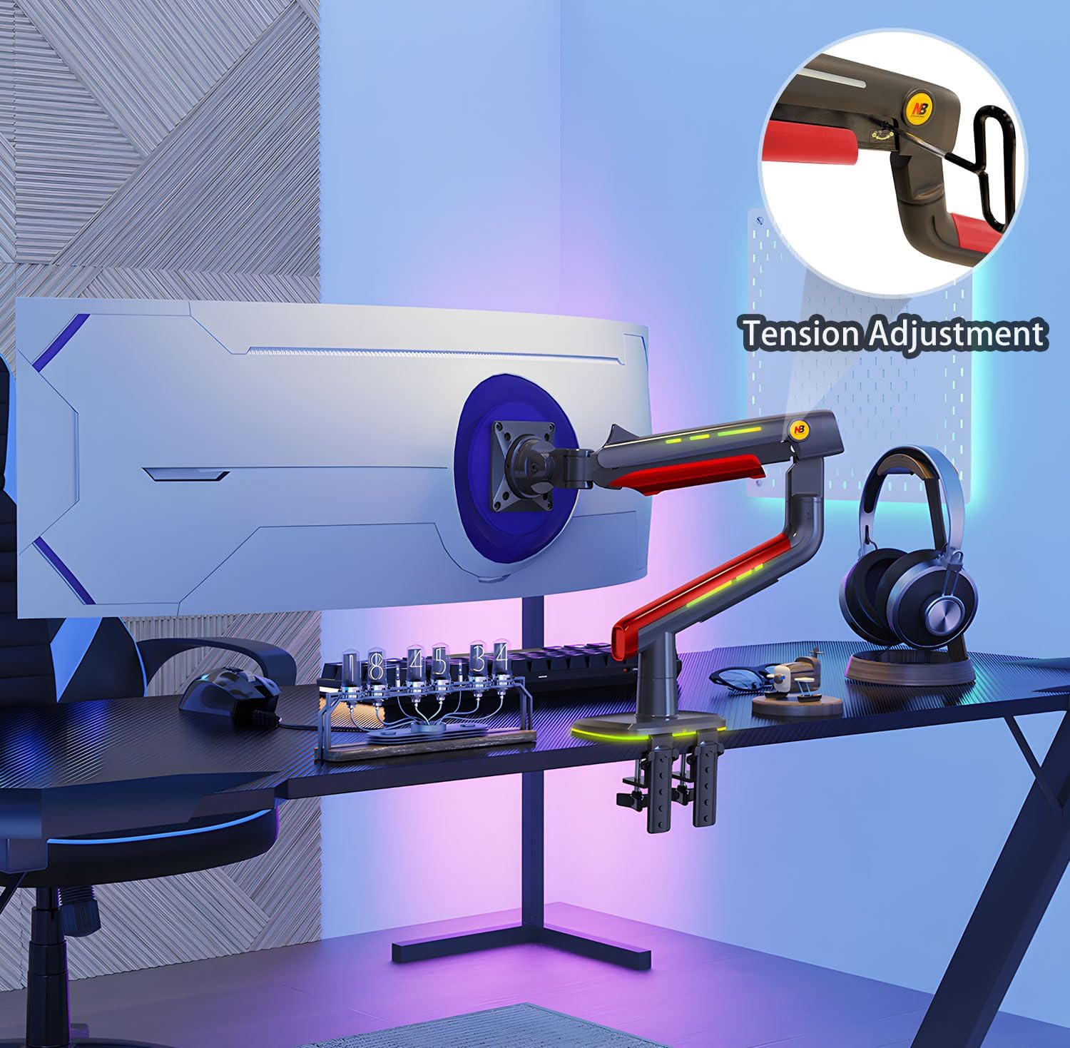 NB Gaming Monitor Arm or for 32 to 60 Inches Screen, Load up to 20 kg, VESA 75/100, RGB-Light, Heavy Duty, Multi Angle Adjustable, Premium Aluminum, Red