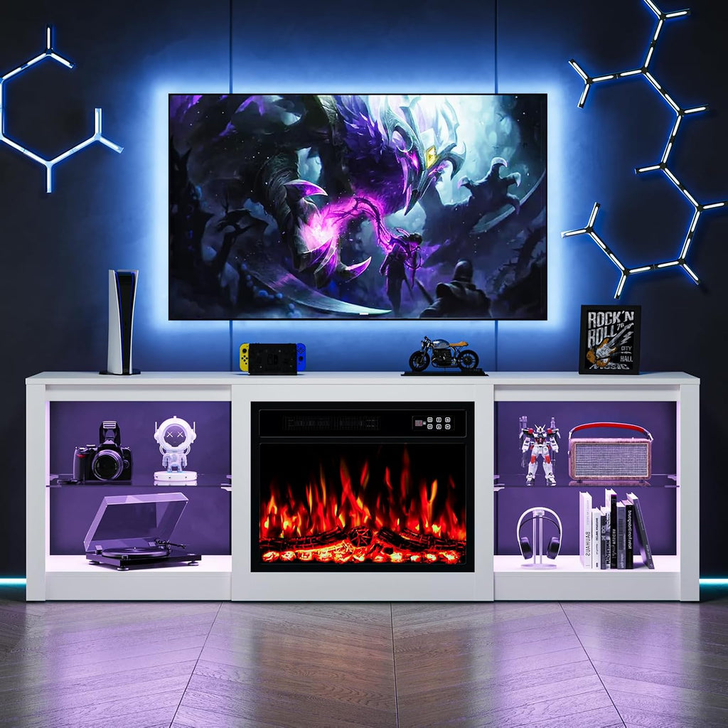 EAG 70 Inche Fireplace TV Stand for TVs up to 80 Inches with 23' Electric Fireplace, Modern Entertainment Center with Glass Shelves, LED Lights, Media TV Console for Living Room, White