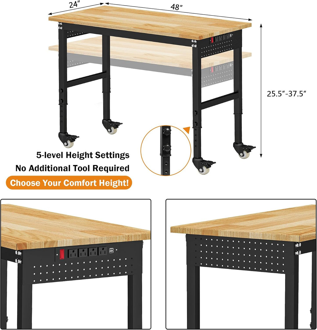 Betterhood 48' Adjustable Workbench on Wheels, Rubber Wood Heavy Duty Workstation with Power Outlets&2 Pegboards, 2000 Load Capacity Hardwood Worktable for Workshop, Garage, Office, Home, Commercial