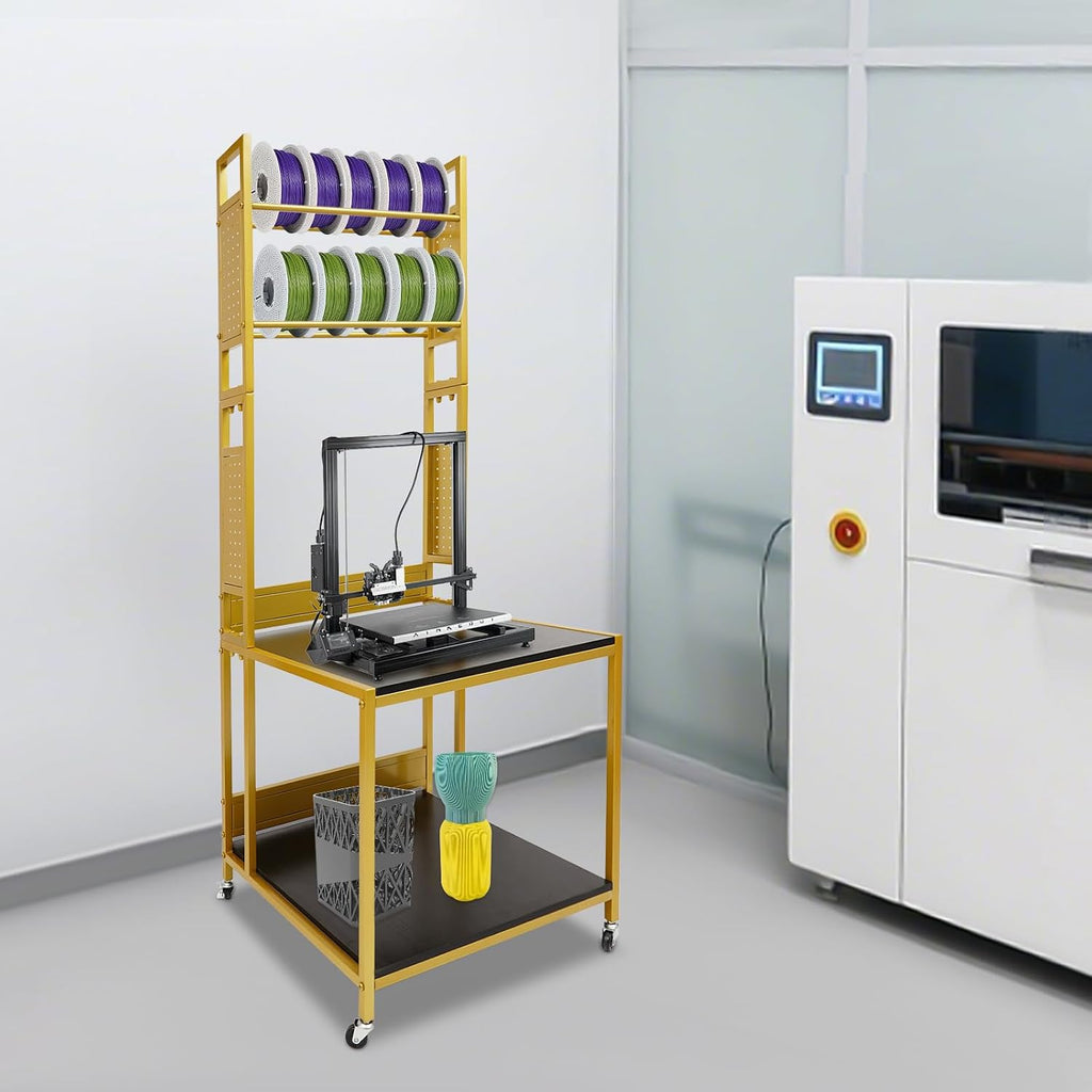 3D Printer Stand with Storage & Wheels, Heavy Duty Rolling Printer Cart 2-Tier Printer Table with Spool Rack, Locking Casters, 110 lbs Capacity (Gold)