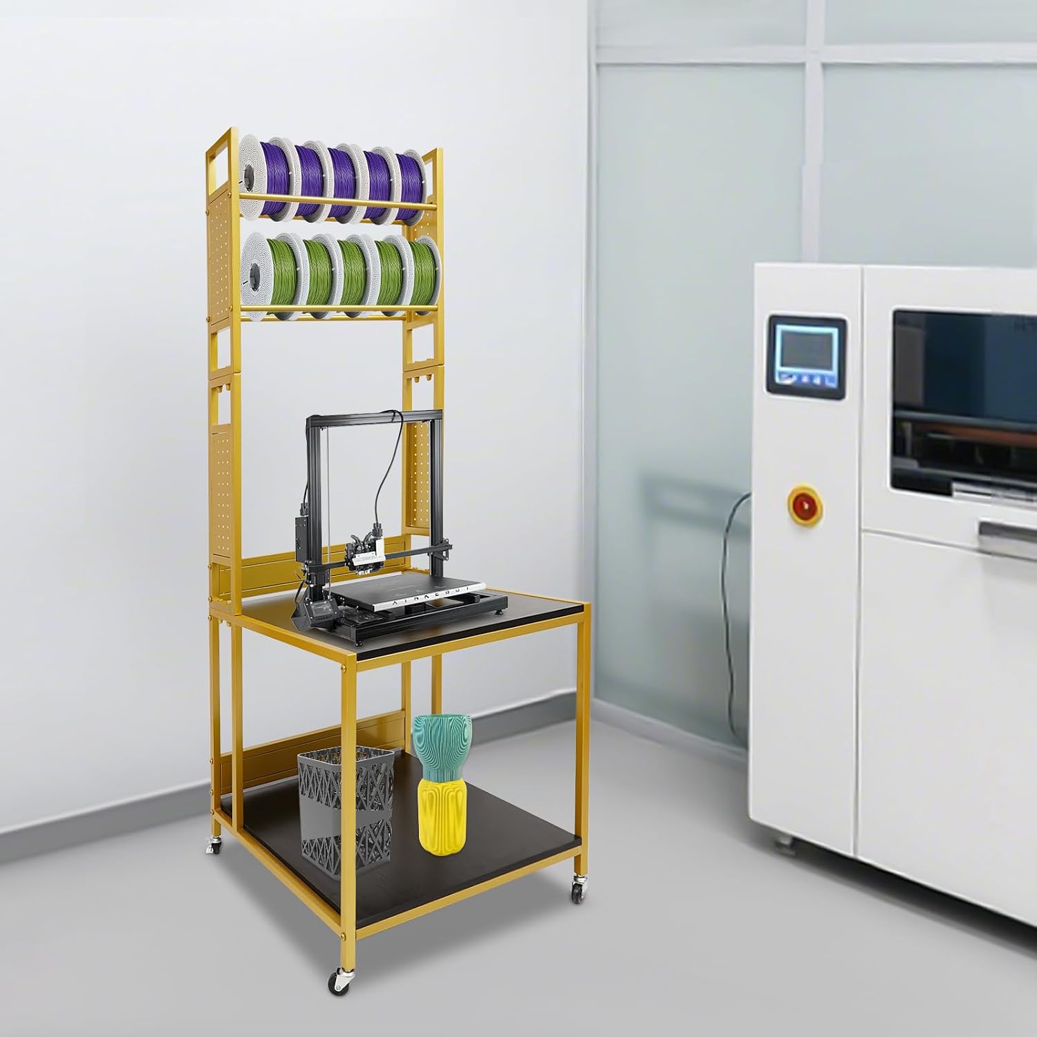 Double Layer 3D Printer Stand with Shelf, 3D Printer Storage Stand, 23.62x23.62x68.9in Heavy Duty 3D Printer Stand with 4 Wheels, 110lbs Load Capacity, Back Panels (Gold)