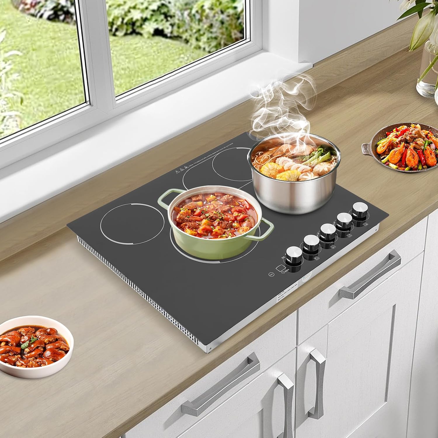24 Inch Electric Cooktop 4 Burner Stove Top 3400W Drop-in Ceramic Cooktop with 90Min Timer & Knob Control, 5 Power Levels Ceramic Cook Top 110V Electric Stove 4 Burners