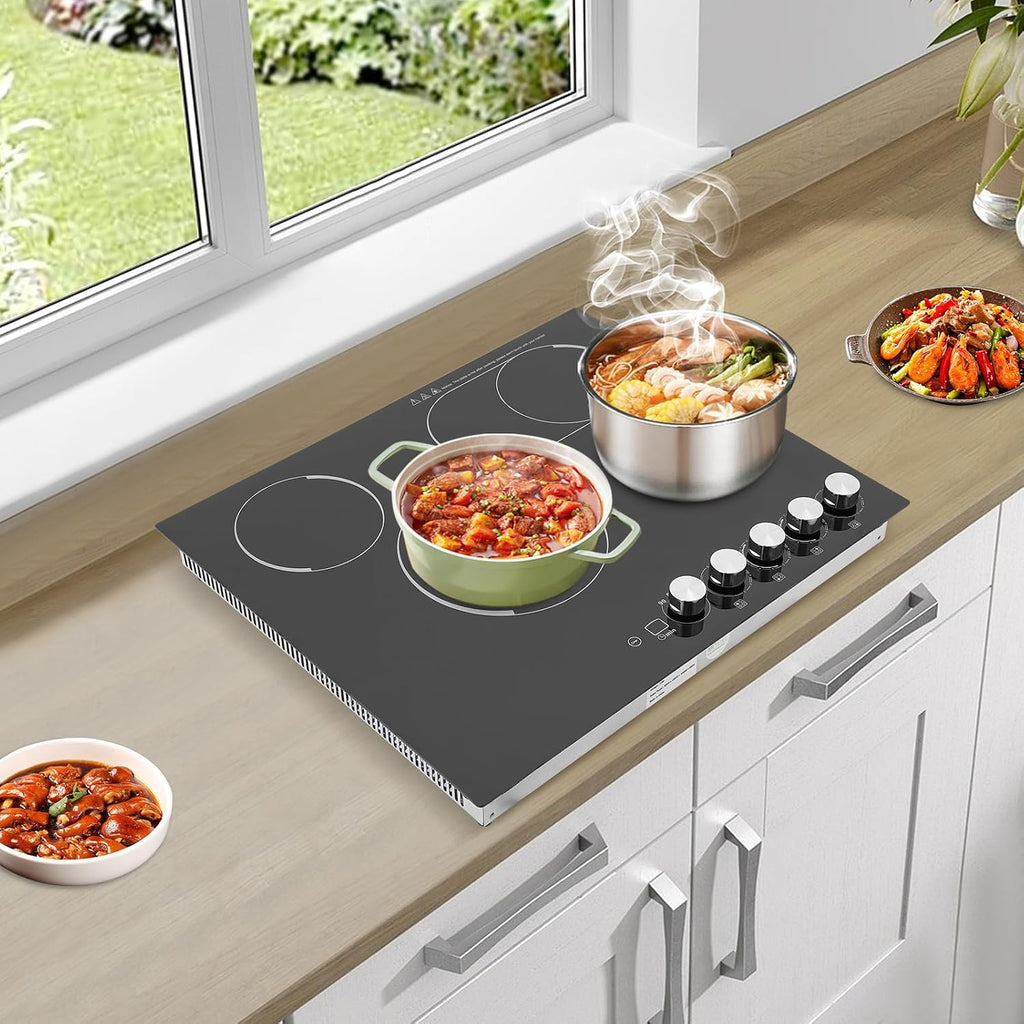 Electric Cooktop, 4 Burner 3400W Built-in Stovetop, Electric Stove Top with Timer, 5 Heating Level, Kid Safety Lock, 110V Hard Wire, No Plug