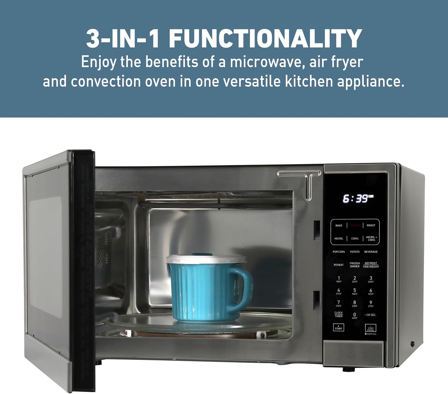 West Bend 3-in-1 Microwave Air Fryer Convection Oven 1000-Watts with 10 Power Levels and 12 Presets, Speed Defrost, Electronic Control Panel and Glass Turntable, 1.3-Cu.Ft., Stainless Steel