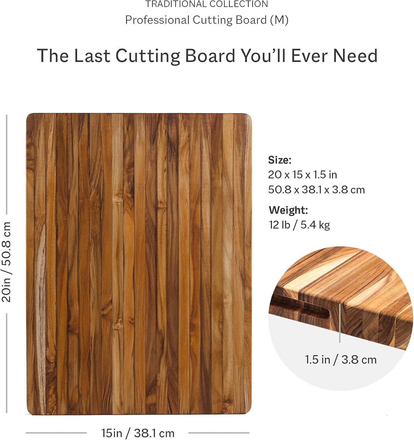 Teakhaus Cutting Board - Large (L) Teak Wood Cutting Board 20'L x 15'W x 1.5' Thick - Professional-Grade Reversible Edge Grain Wood - Knife Friendly - FSC Certified