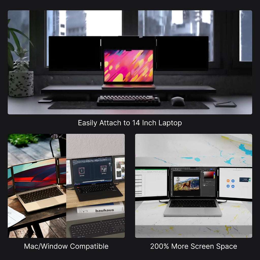 14' Pro Triple Laptop Glass Screen Extender, Dual 14' 2k Portable Monitors, 144Hz, 100% DCI-P3, 500 Nits, Aluminum Finish for 14' MacBook Pro & Windows, for Gaming, Creators, & Professional