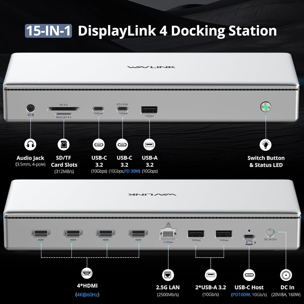 WAVLINK Pro Docking Station 4 Monitors | Quad 4K Displays for Mac (M1-M5, Neo) & Windows | Displaylink Dock with 4X HDMI, PD 100W, 2.5G Ethernet, 10G USB, SD/TF 4.0, Audio | Driver Required DL7400.