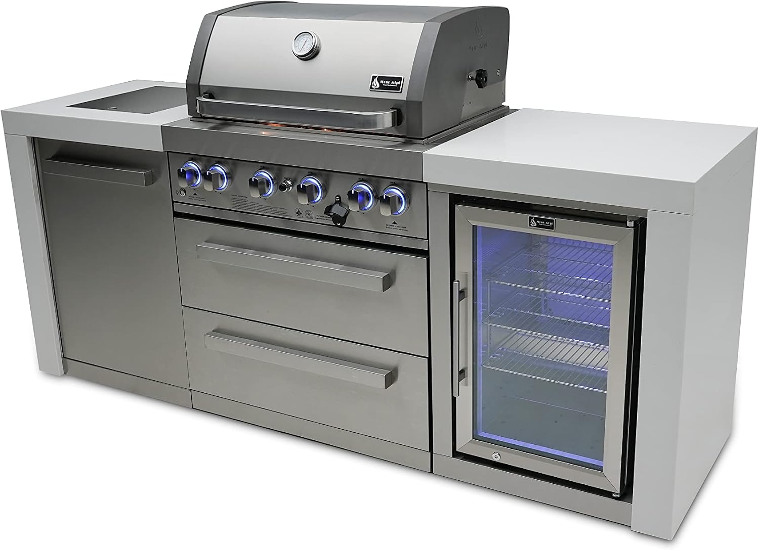Mont Alpi Deluxe Series Stainless Steel 82'W x 23'D Modular Outdoor Kitchen Island + Side Burner + Refrigerator + 32'W 4-Burner BBQ Gas Grill + White Granite Countertops + Storage Cabinets & Drawers