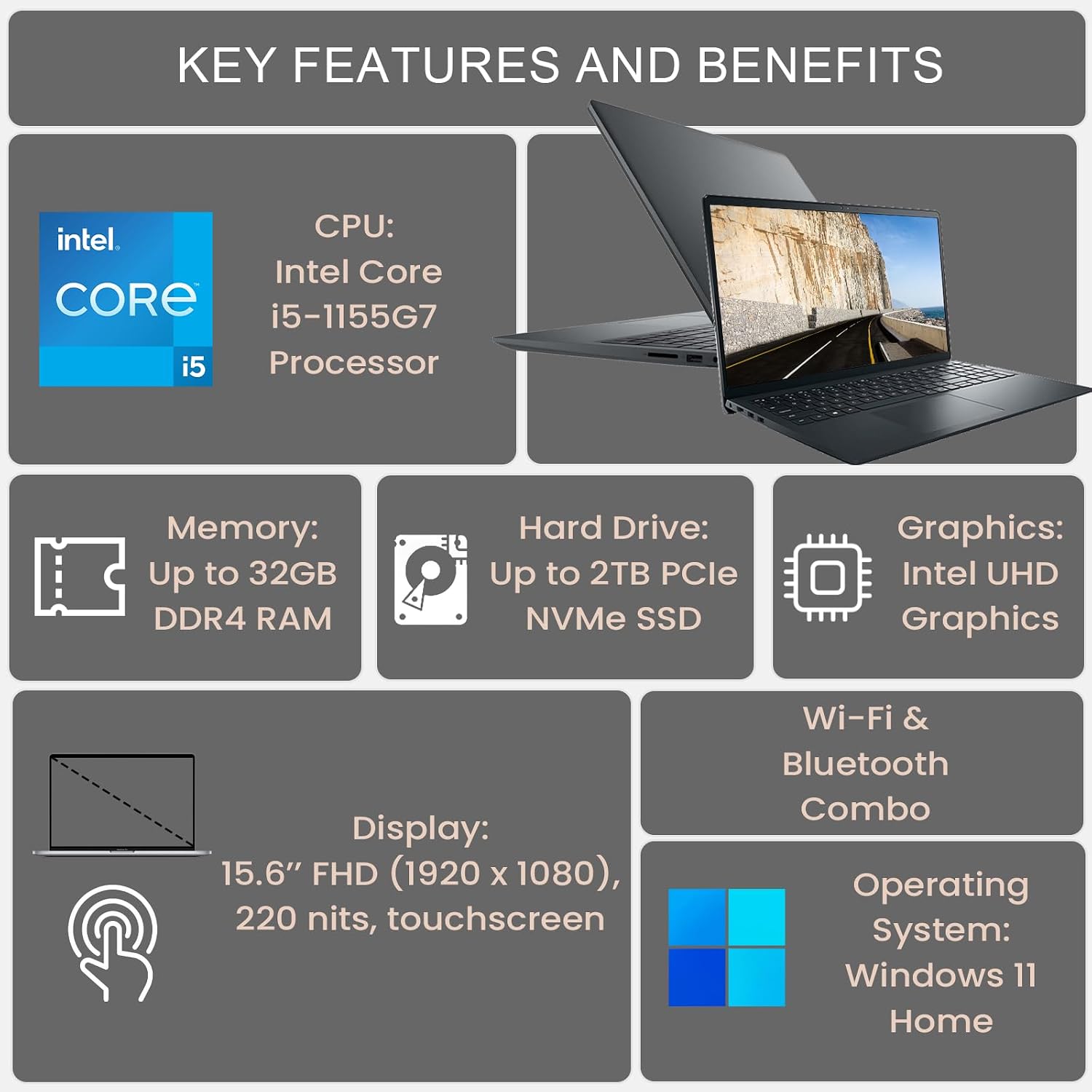 Dell Inspiron 3000 Series 3520 Laptop, 15.6' FHD Touchscreen, Intel Core i5-1155G7, 8GB DDR4 RAM, 512GB PCIe SSD, Webcam, SD Card Reader, Wi-Fi, Windows 11 Home, Black