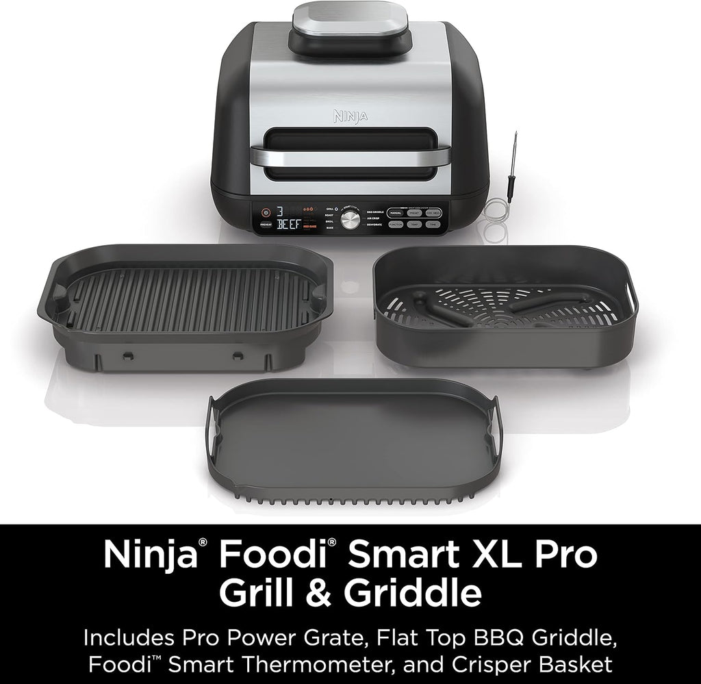 Ninja IG651 Foodi Smart XL Pro 7-in-1 Indoor Grill/Griddle Combo, use Opened or Closed, Air Fry, Dehydrate & More, Pro Power Grate, Flat Top, Crisper, Smart Thermometer, Black