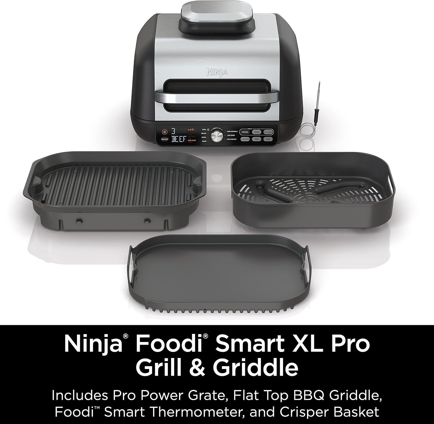 Ninja IG651 Foodi Smart XL Pro 7-in-1 Indoor Grill/Griddle Combo, use Opened or Closed, Air Fry, Dehydrate & More, Pro Power Grate, Flat Top, Crisper, Smart Thermometer, Black