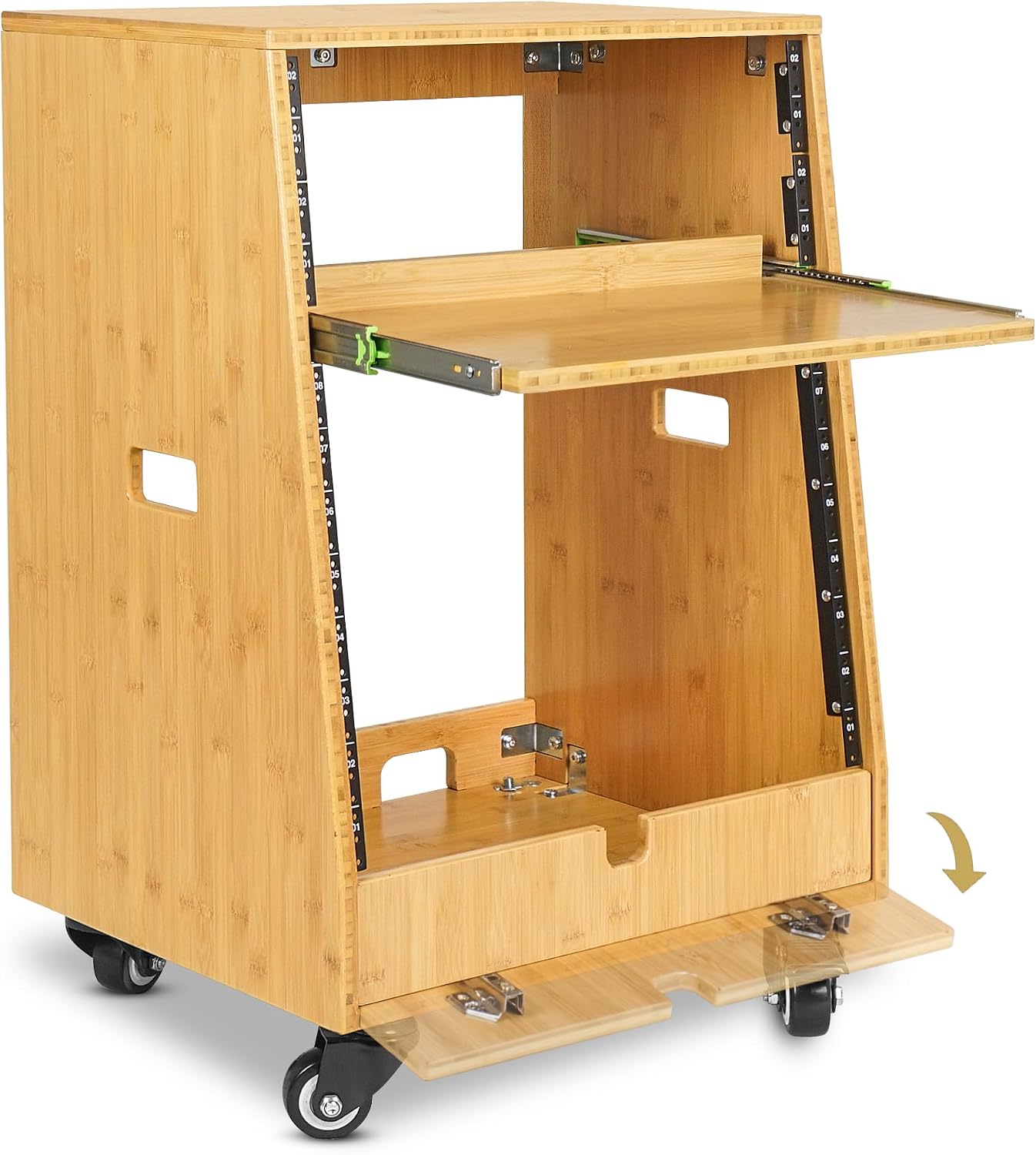 Sound Town DIY Solid Carbonized Bamboo Slanted 12U Studio Rack (4U Top + 8U Lower), with 2U Bottom Storage, Slide-Out Tray, Caster, For Recording Room, Home Studio (STBR-ST12T)