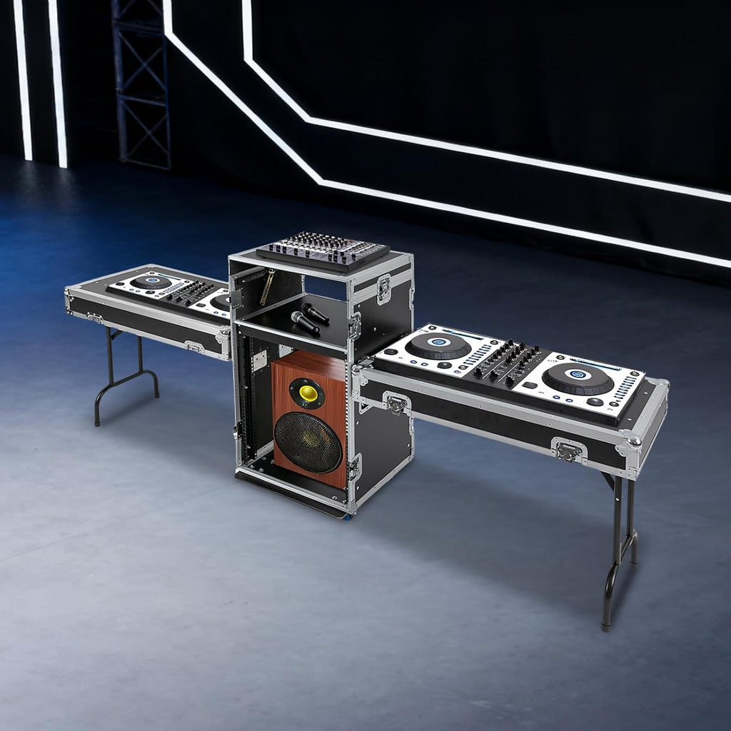 14U PA DJ Rack with 2 DJ Table Tops, 661LBS Recording Studio Racks Audio Equipment Cabinet, Mobile Stereo Rack with 4 Lockable Wheels for Studio/Wedding (14U)