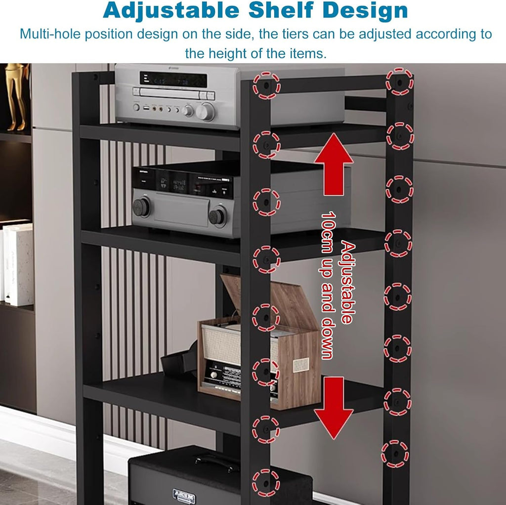 6 Tier Audio Rack Tower, Heavy-Duty AV Media Stand, Adjustable Shelves, Media Storage Cabinet for Amplifier, Record Players, Audio-Visual Equipment(Black)