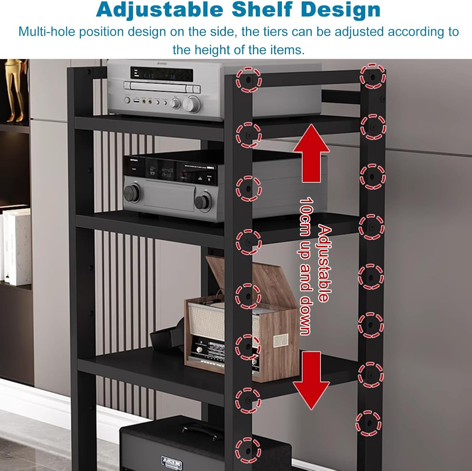 6 Tier Audio Rack Tower, Heavy-Duty AV Media Stand, Adjustable Shelves, Media Storage Cabinet for Amplifier, Record Players, Audio-Visual Equipment(Black)