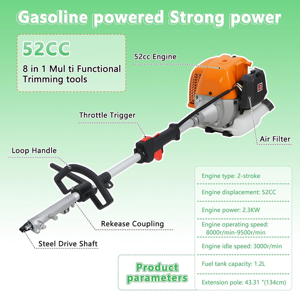 Weed Wacker Gas Powered, 𝟖-𝐢𝐧-𝟏 Multi-Functional Weed Eater Tree Hedge Trimmer Lawn Mower with Hedge Cutter Pole Saw Edger 9500RPM 3000r/min Engine Spee Orange (8 in 1 Orange)