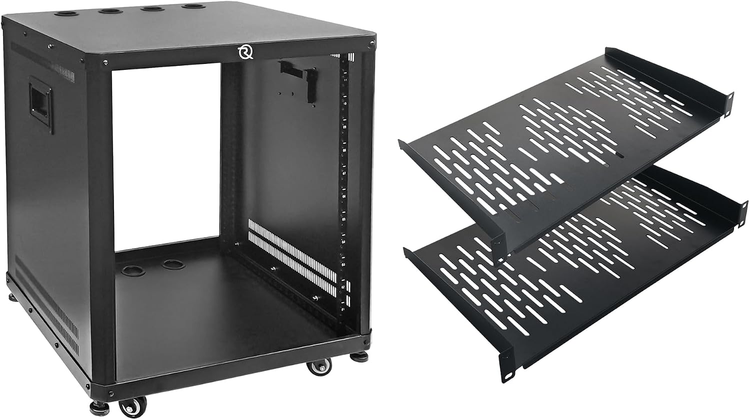 RIVECO 12U Stereo & Server Rack with Caster Wheels, Rolling Network Cabinet, Open Frame Rack for 19-inch Audio Video Music Recording & IT Equipment Lifting Handle & 1U 10' Rack Shelves 2PCS