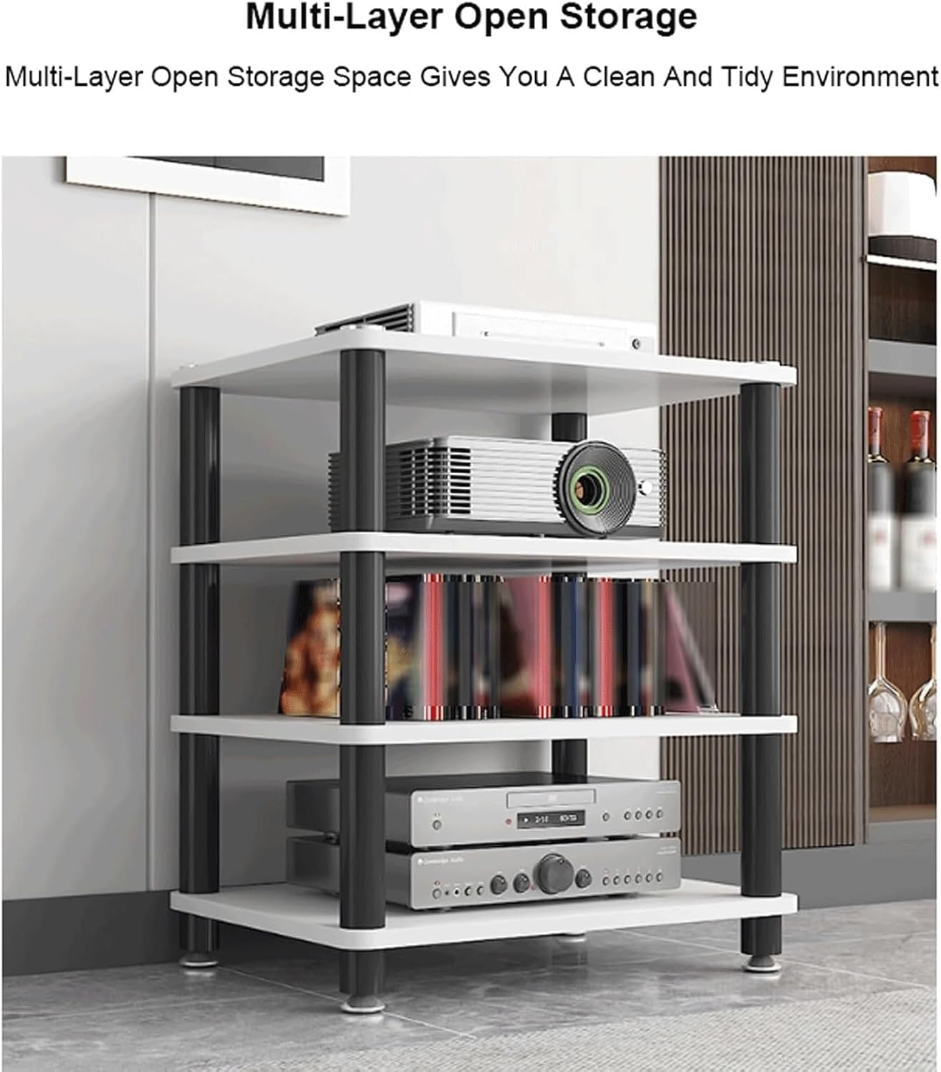 Audio Rack Wooden Stereo Rack Audio Equipment Rack Audio Open Rack Cabinet HiFi Rack Audio-Video Shelving Shock-Absorbing Feet(Nero,2 Tier)