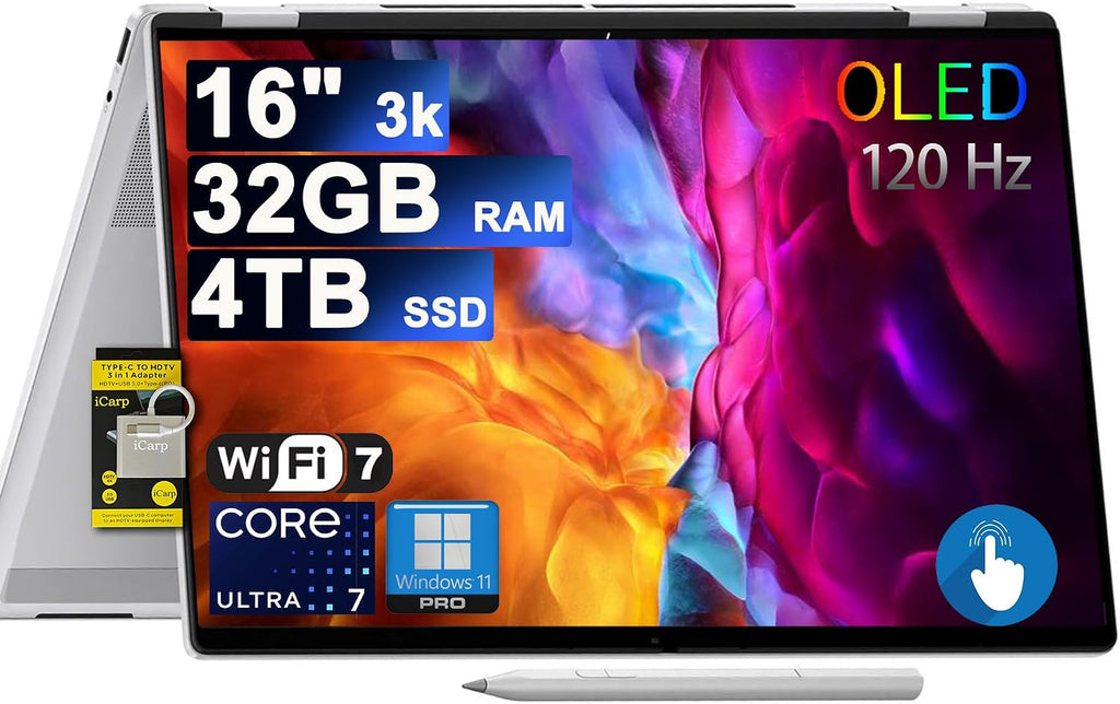 HP OmniBook 7 Flip 16 2-in-1 Professional Business Laptop 16' 3k OLED Touch Intel 8-core Ultra 7 Series 2 258V (Up to 47 Tops) 32GB RAM 4TB SSD 5MP IR Camera Wi-Fi7 Pen Win11Pro ICP Hub