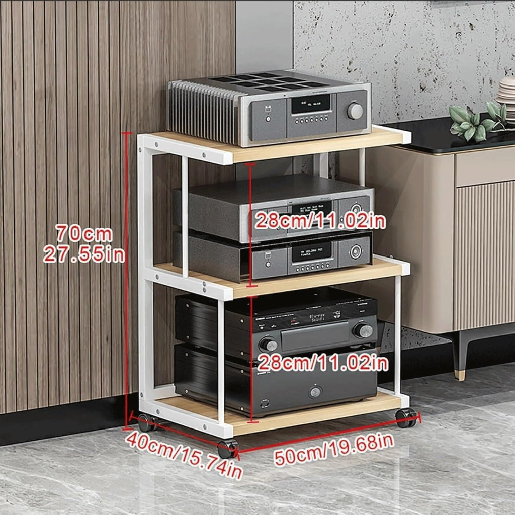 Audio Rack 3/4 Tier Stereo Rack Audio Equipment Rack Audio Stereo Shelf Wooden Open Movable Audio-Video Shelving with Wheels AV Stand(Wei�,70cm)