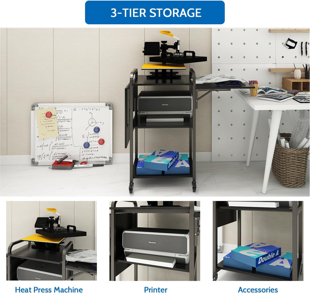 PUNCIA 3 Tier Foldable Movable DIY Heat Transfer Press Machine Stands 20'' Heavy Duty Rolling Workbench with Folding Working Table for Sublimation Transfer Machine Metal Shelf Storage Organization