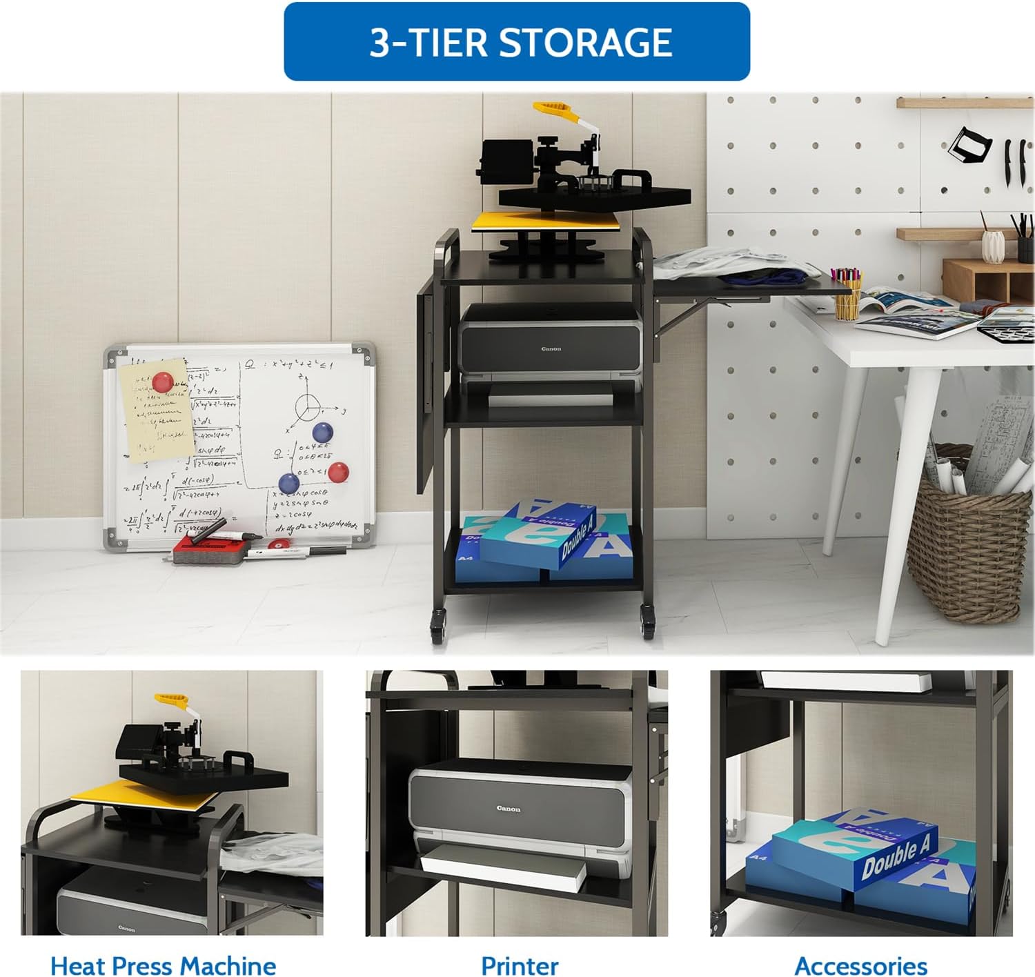 PUNCIA 3 Tier Foldable Movable DIY Heat Transfer Press Machine Stands 20'' Heavy Duty Rolling Workbench with Folding Working Table for Sublimation Transfer Machine Metal Shelf Storage Organization