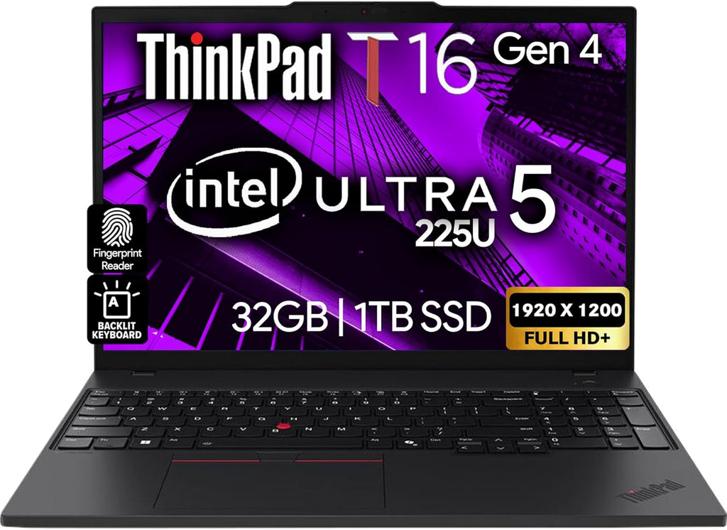 Lenovo ThinkPad T16 Gen 4 Business Laptop 16 FHD+ Display, Intel Ultra 5-225U (Beats i7-1355U), 32GB DDR5 RAM, 1TB SSD, 5MB Webcam, Fingerprint, Backlit KB, WiFi 6E, RJ-45, Win 11 Pro
