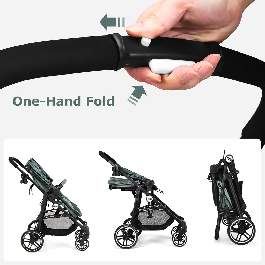 INFANS 2 in 1 Baby Stroller, High Landscape Infant Stroller & Reversible Bassinet Pram, Foldable Pushchair with Adjustable Canopy, Cup Holder, Storage Basket, Suspension Wheels (Green)