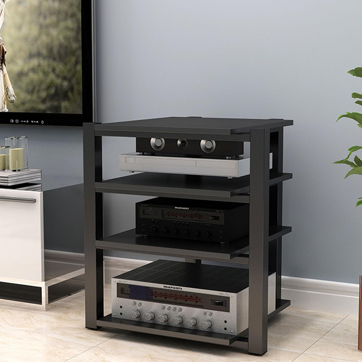 4-Tier Modern AV Stand - Stylish Corner Rack for CD Player & Audio Equipment, Wooden Storage Tower for Home, Office & Theater Use, Space-Saving Entertainment Center