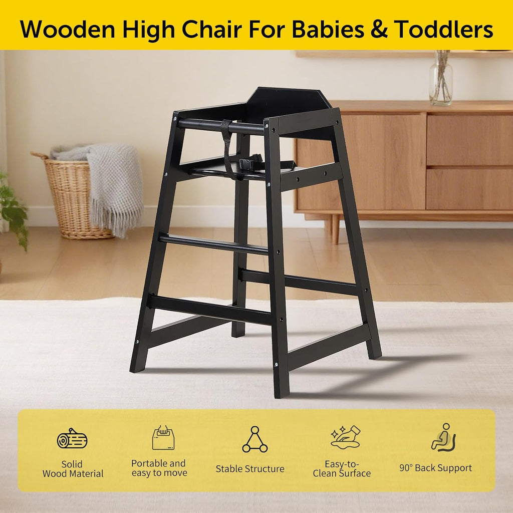 4-Pack Wooden Baby High Chair -Stack-able Solid Wood Feeding Seats, with Commercial Grade Solid Wood for Dining Table & Kitchen - Compact & Portable Design for Restaurant & Home Use（Black）