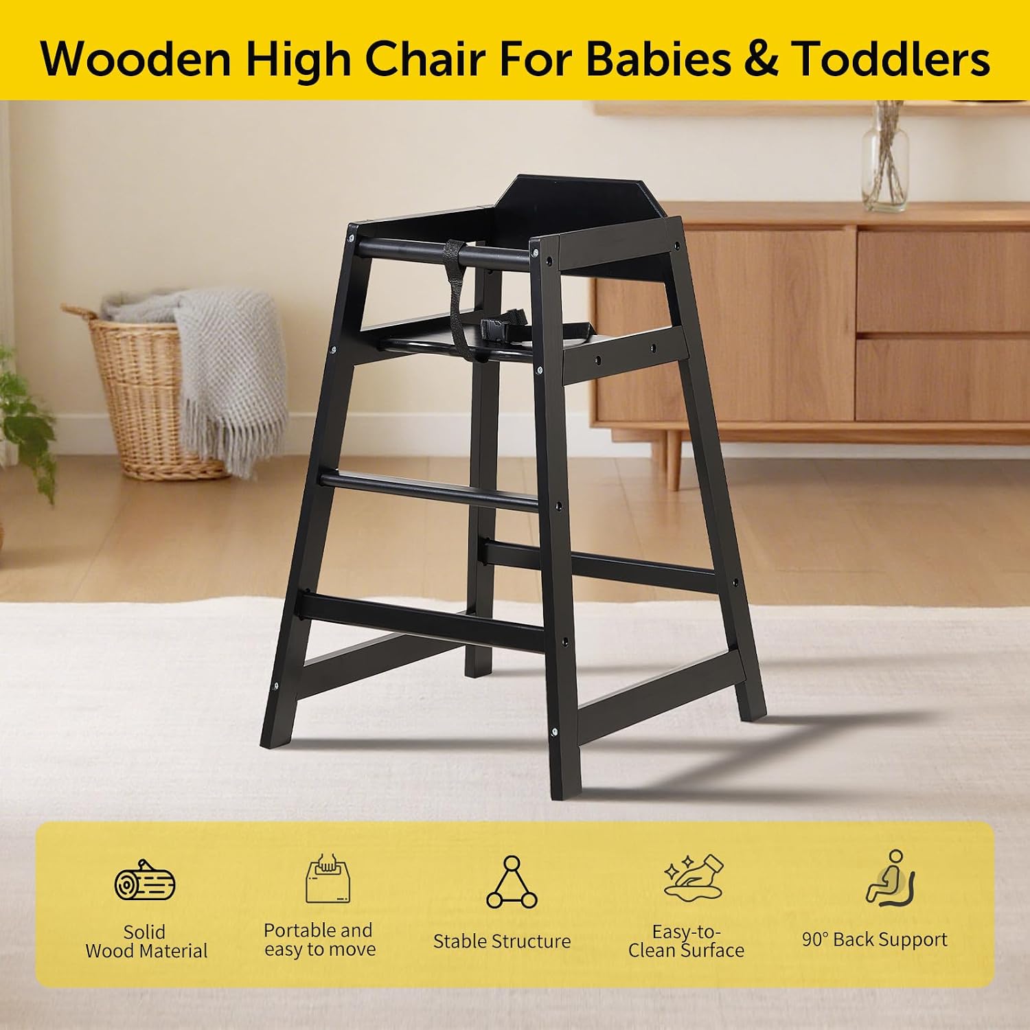 4-Pack Wooden Baby High Chair -Stack-able Solid Wood Feeding Seats, with Commercial Grade Solid Wood for Dining Table & Kitchen - Compact & Portable Design for Restaurant & Home Use（Black）