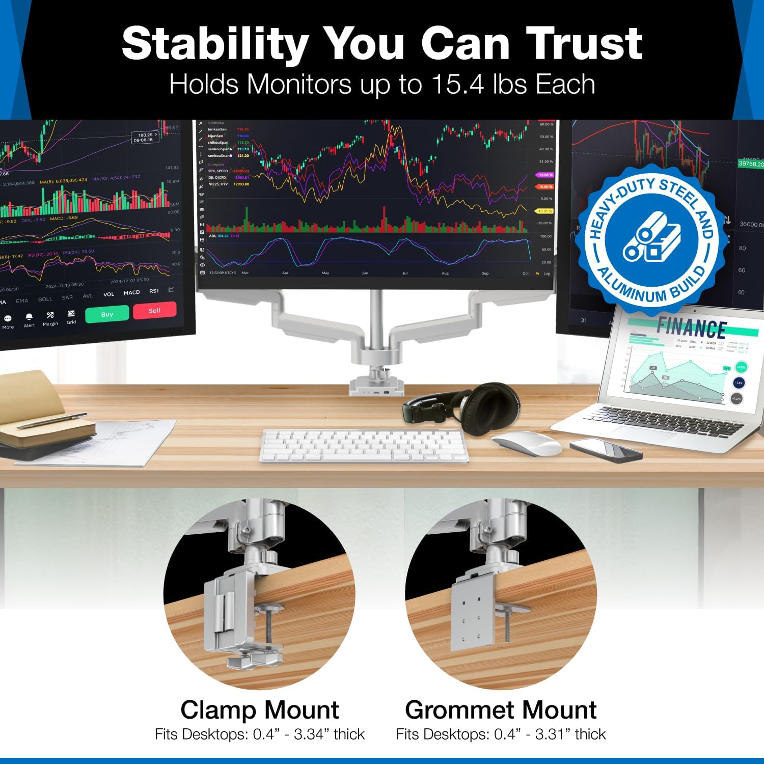 Mount-It! Triple Monitor Mount with Gas Spring Arms, Fits 24–32 Inch Screens, USB & Audio Ports, Full Motion Desk Stand with Tilt, Swivel & Rotation, Heavy Duty Silver 3 Screen Arm with Clamp