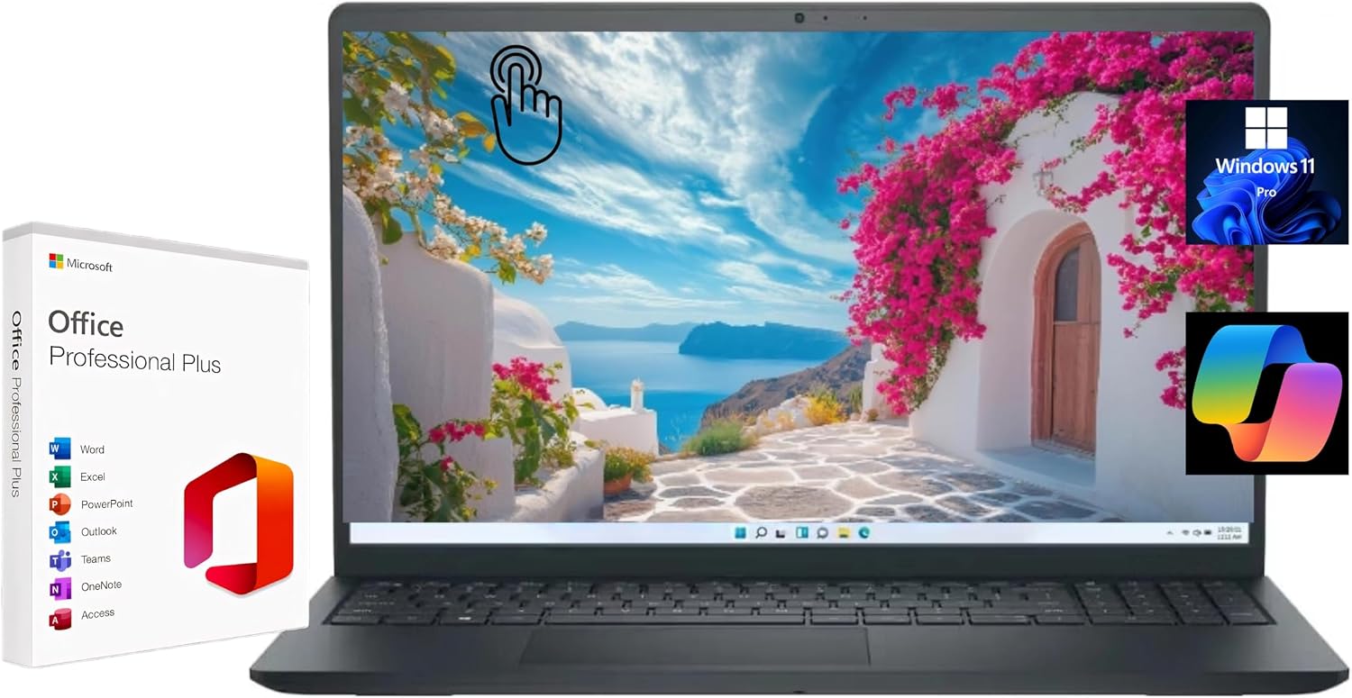 Dell 15.6' FHD Touchscreen Laptop, with Free Lifetime Microsoft Office, Intel Core i5-1334U, 16GB RAM, 512GB SSD, Intel UHD Graphics, Windows 11 Pro, Carbon Black, Wi-Fi 6, Copilot