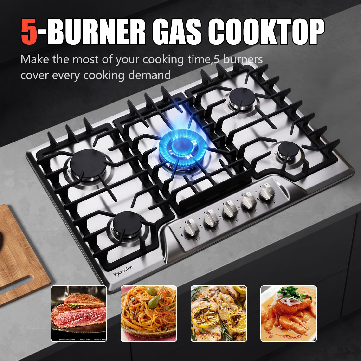 Gas Cooktop 30 Inch, Built-in 5 Burners Gas Stovetop Stainless Steel LPG/NG Convertible Gas Stove Dual Fuel Sealed Gas Cooktop