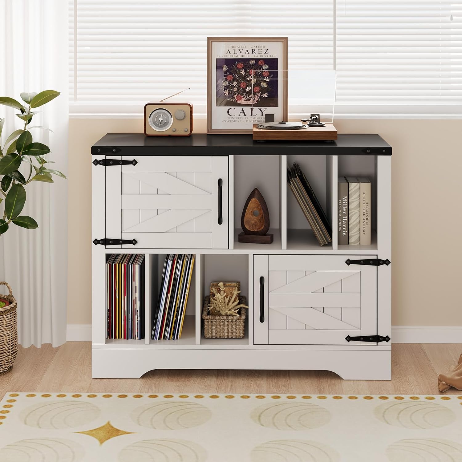 GarveeHome 39in Large Vinyl Record Storage, Farmhouse Wood Turntable Record Player Stand with Storage Cabinet and 2 Barn Doors for Living Room Bedroom, White