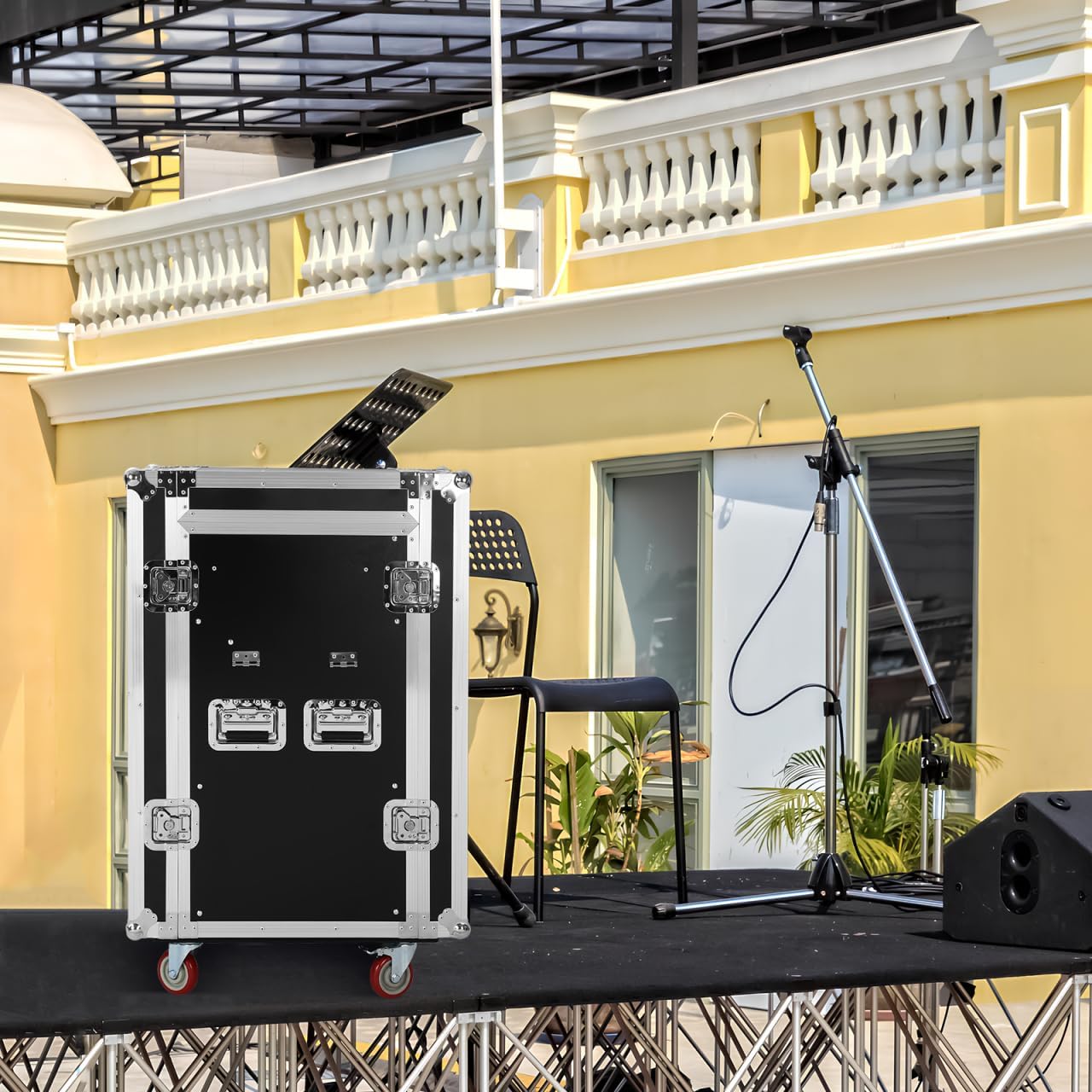 16u Dj Road Case, Recording Studio Rack Stand With Audio Mixer Stand & Wheels, Portable Media Storage Cabinet for Stage Performance Professional Audio Storage