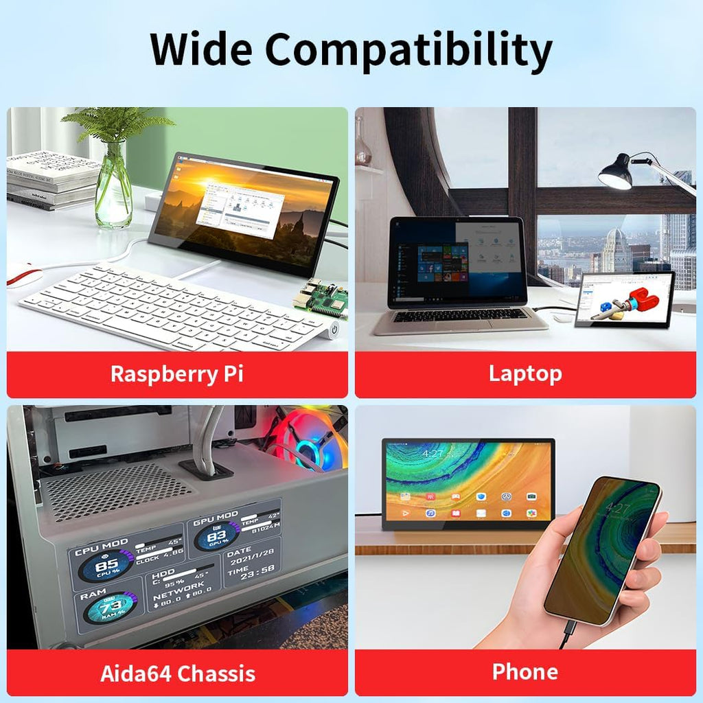 10.1 Inch Touchscreen Mini Monitor, IPS 1540×720 USB-C HDMI Portable Secondary Display with Stand & Speaker, Stretched Bar Screen for PC Laptop Rasp PI AIDA64 STEM DIY