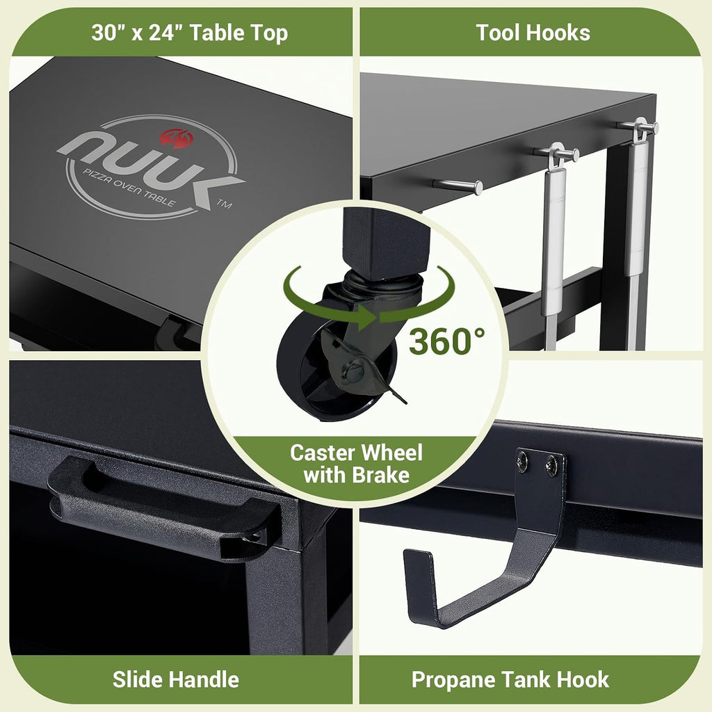 NUUK Outdoor Grill Prep Table 24'x30' Metal Grill Cart Outside 3-Layer Pizza Oven Table Movable with Universal Wheels for BBQ Backyard Patio
