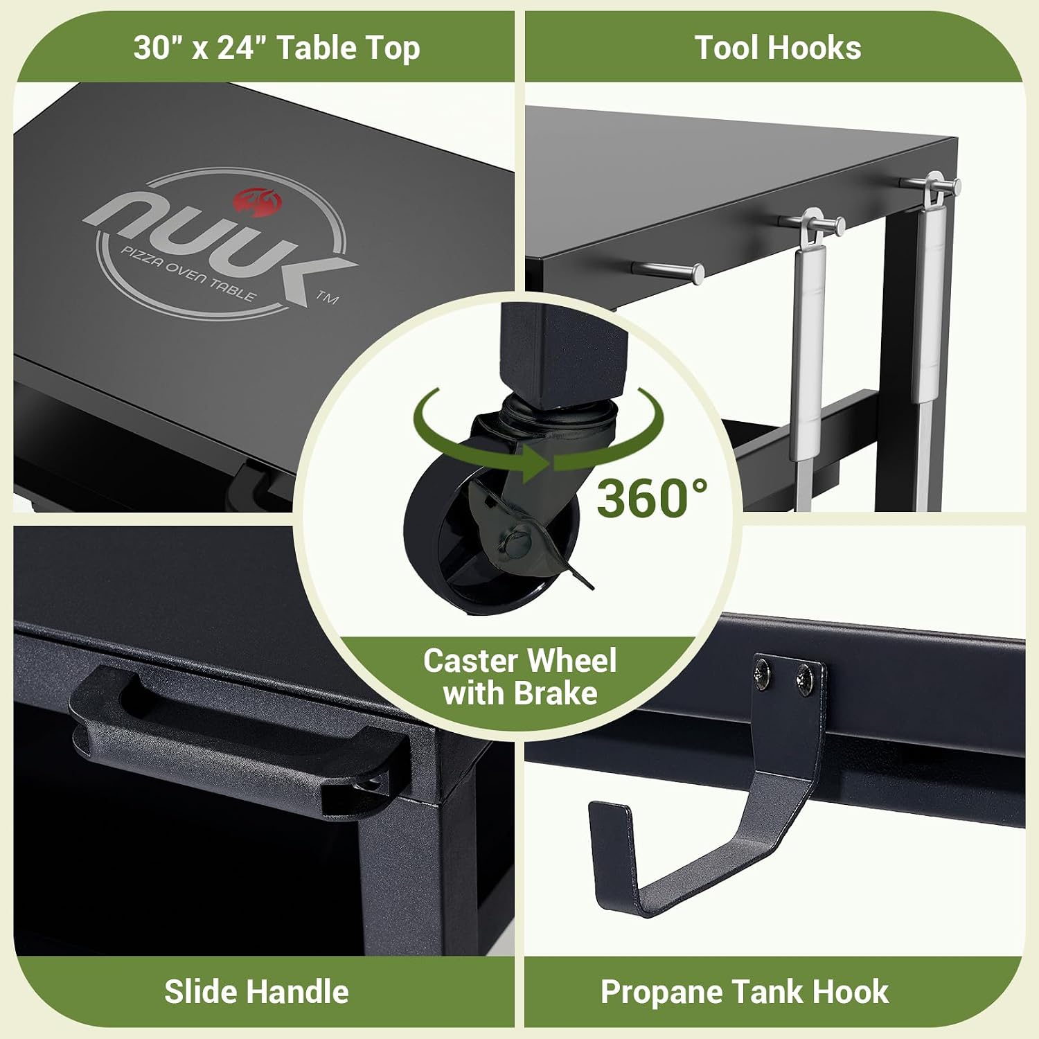 NUUK Outdoor Grill Prep Table 24'x30' Metal Grill Cart Outside 3-Layer Pizza Oven Table Movable with Universal Wheels for BBQ Backyard Patio