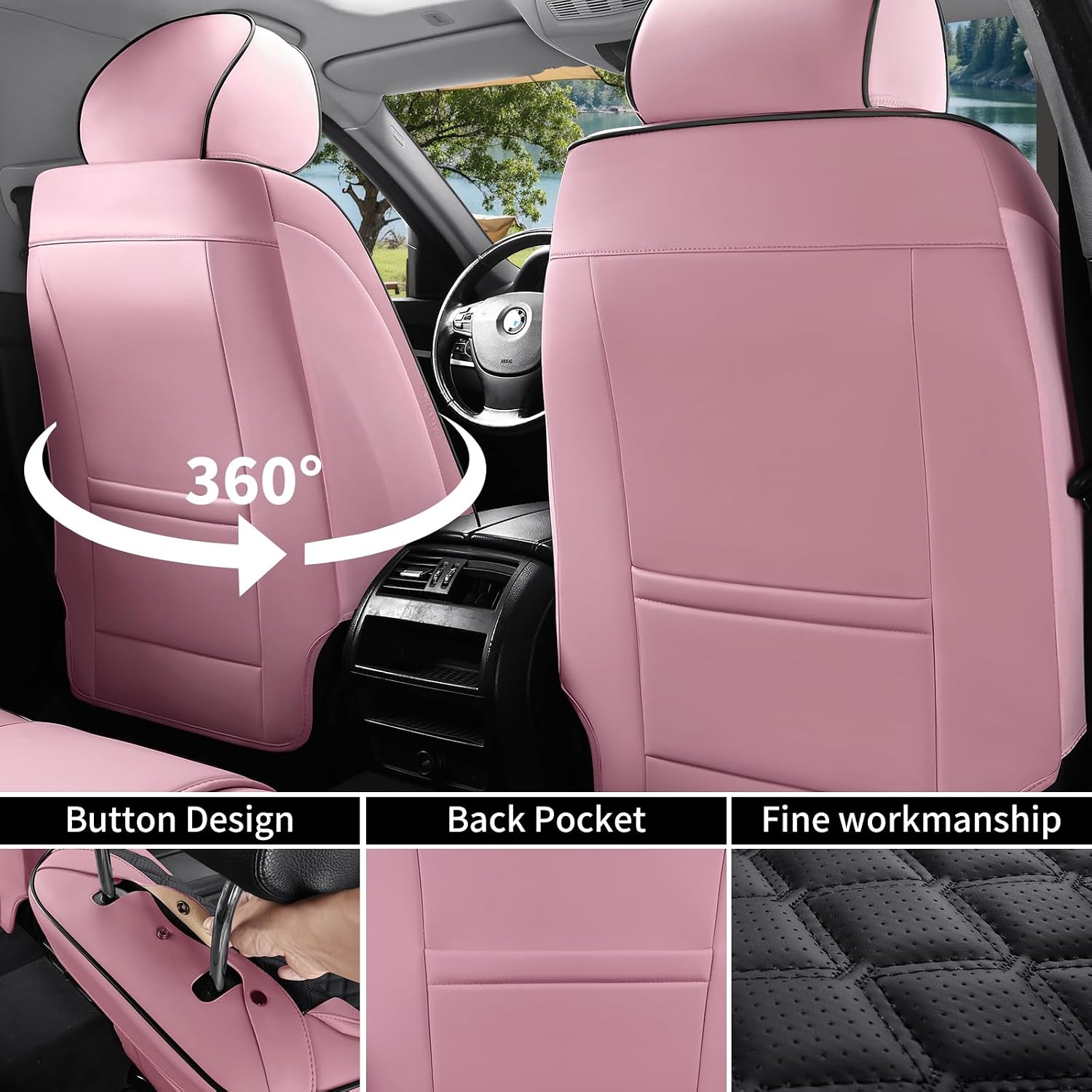 Car Seat Covers, Luxury Faux Leather Waterproof Non-Slip Seat Protector Universal Fit for Most Cars SUVs Trucks Pick-ups,Car Interior Accessories (Pink Black, Full Set)