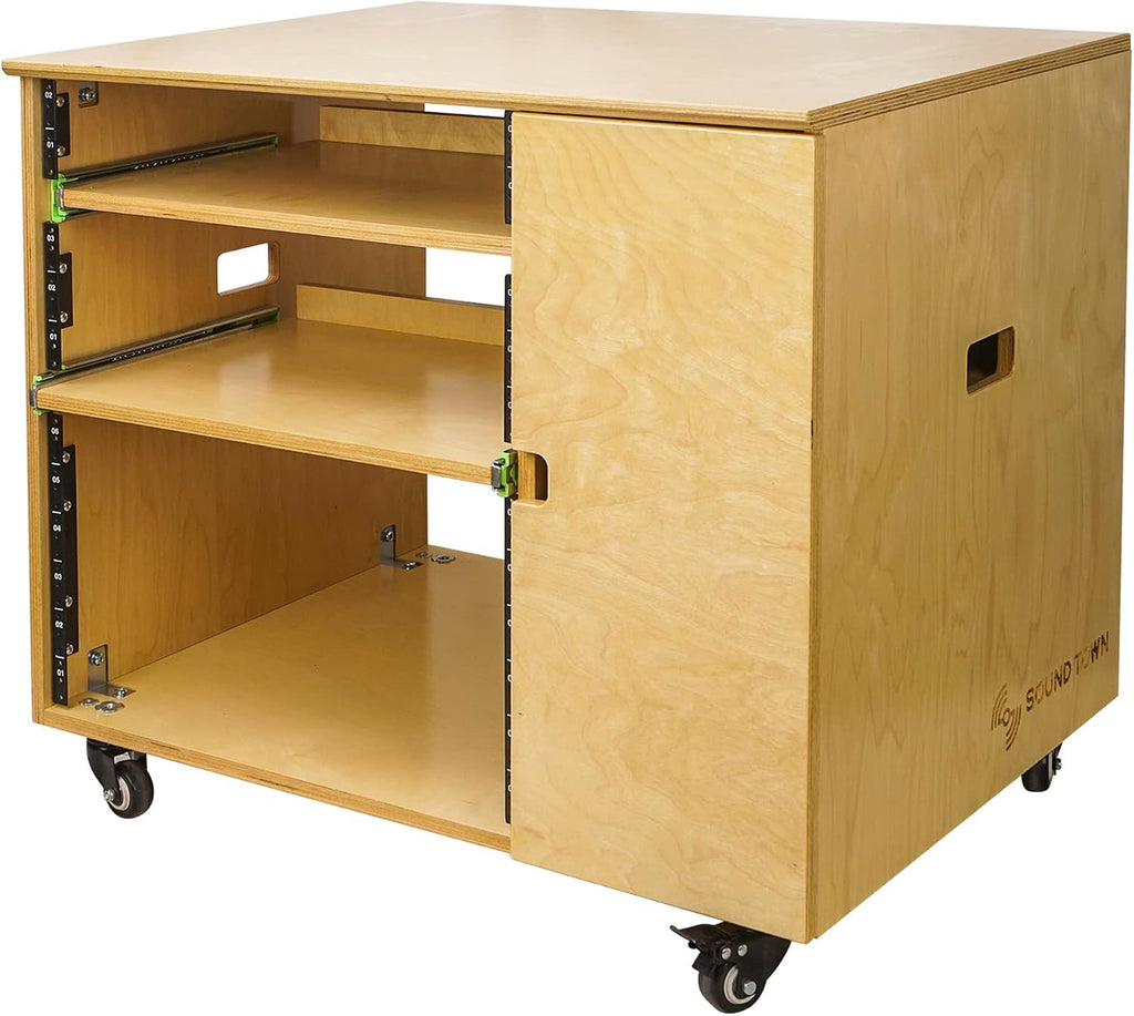 Sound Town DIY 11U Solid Baltic Birch Plywood Plywood Studio Rack with Slide-Out Trays, Cabinet, Casters, Golden Oak, for Recording Room, Home Studio (SDRK-CR11)