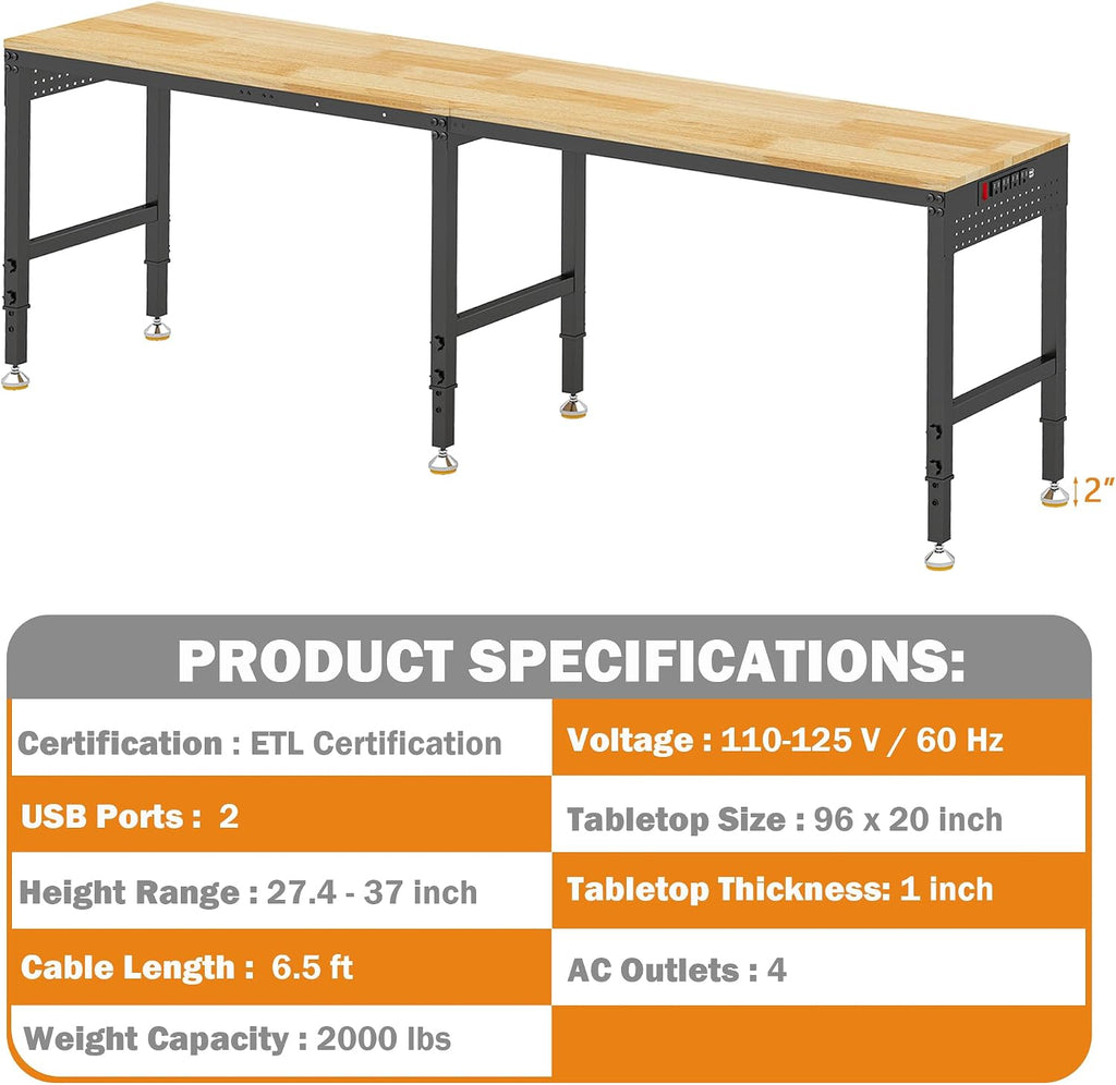 Betterhood 96' Adjustable Workbench, 5000 LBS Heavy Duty Work Table with Power Outlets & Pegboard, Rubber Wood Workstation for Garage, Workshop, Office, Home, Commercial
