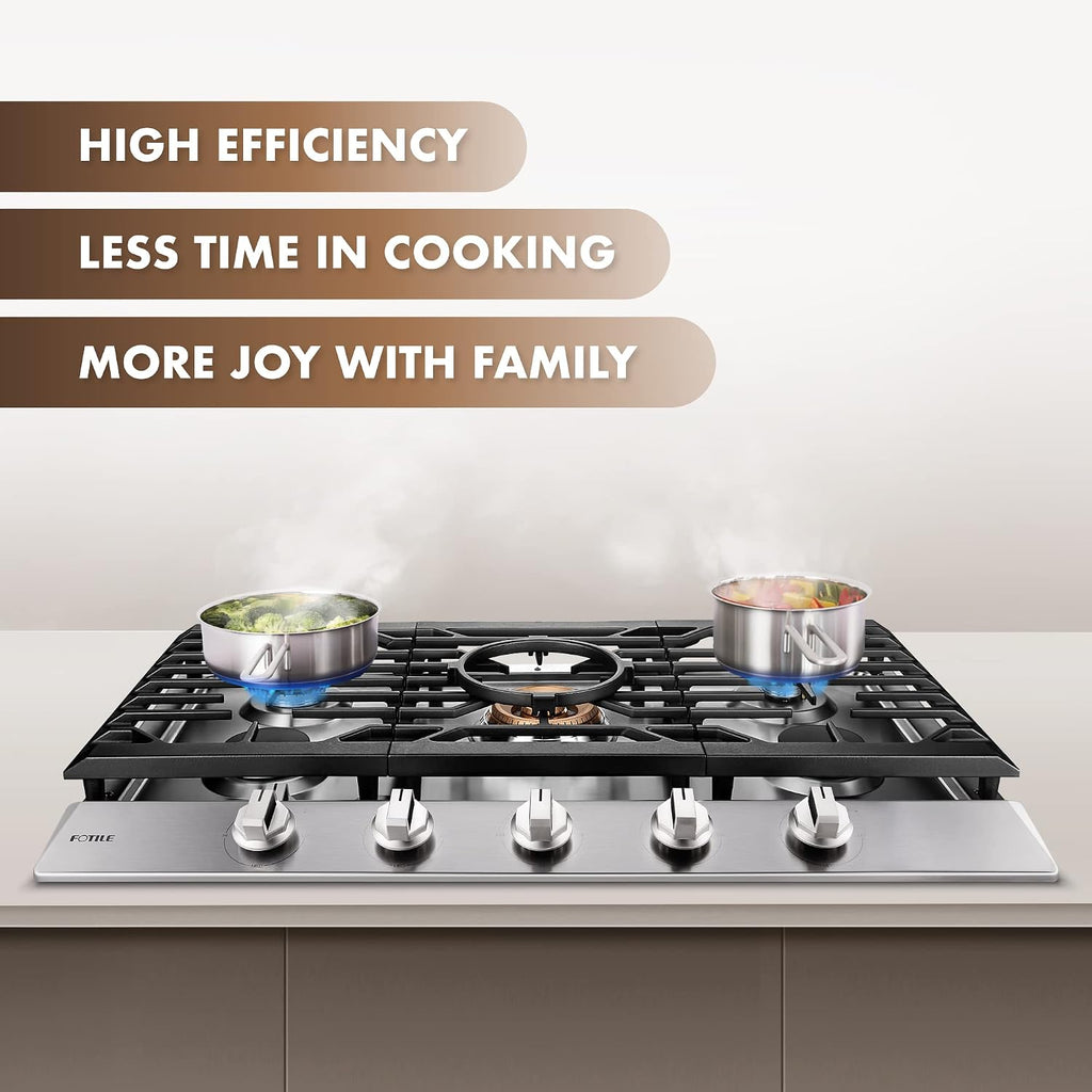 FOTILE GLS36502 36' Stainless Steel 5-Burner Gas Cooktop, Tri-Ring 22,000 BTUs Center Burner with Flame Failure Protection Removable Grates and Installation/LP Kit