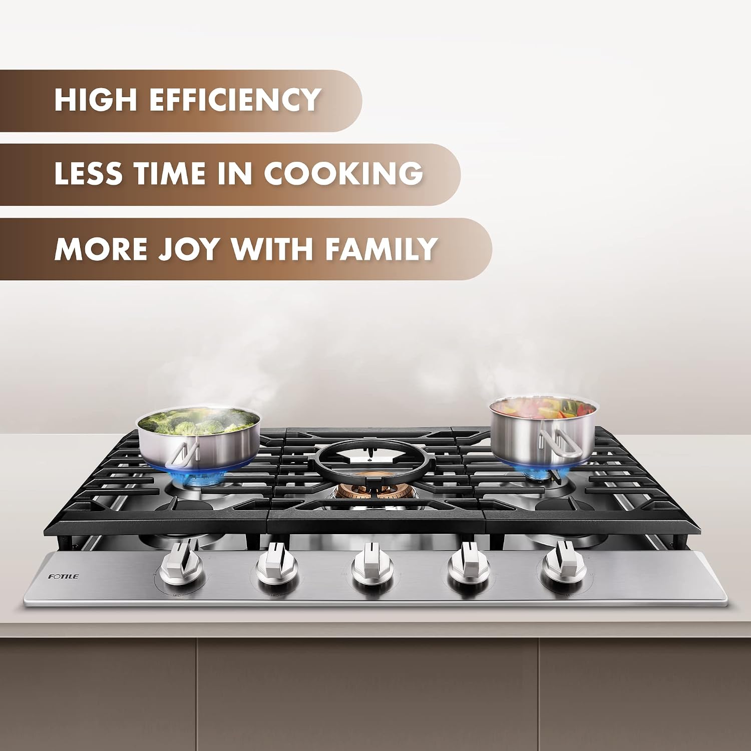 FOTILE GLS36502 36' Stainless Steel 5-Burner Gas Cooktop, Tri-Ring 22,000 BTUs Center Burner with Flame Failure Protection Removable Grates and Installation/LP Kit