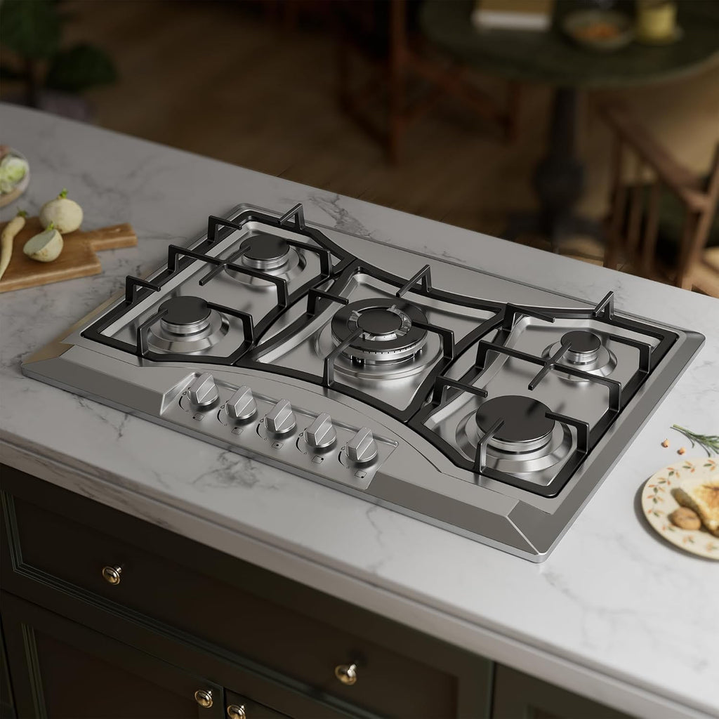 30 inch Drop-in Gas Cooktop with 5 Sealed Burners, Stainless Steel Stovetop, Dishwasher Safe Cast Iron Grates, NG/LPG Convertible, 38K BTU