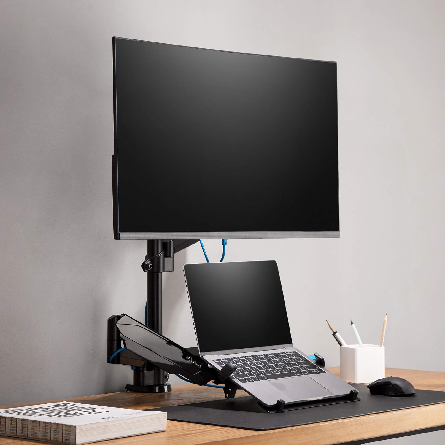 AVLT Laptop & 38 Inch Monitor Arm Pole Top Mount-Black, Supports 26.4 lbs (12 kg), Stacked Monitor, VESA Compatible, Ultrawide Screen Fit, Adjustable Height, Tilt Swivel Rotate, Cable Management